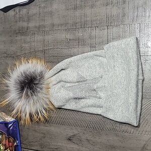 Linda Richards Wool/Geniune Fur Beanie Star Rhinestone-Bling OSFA
